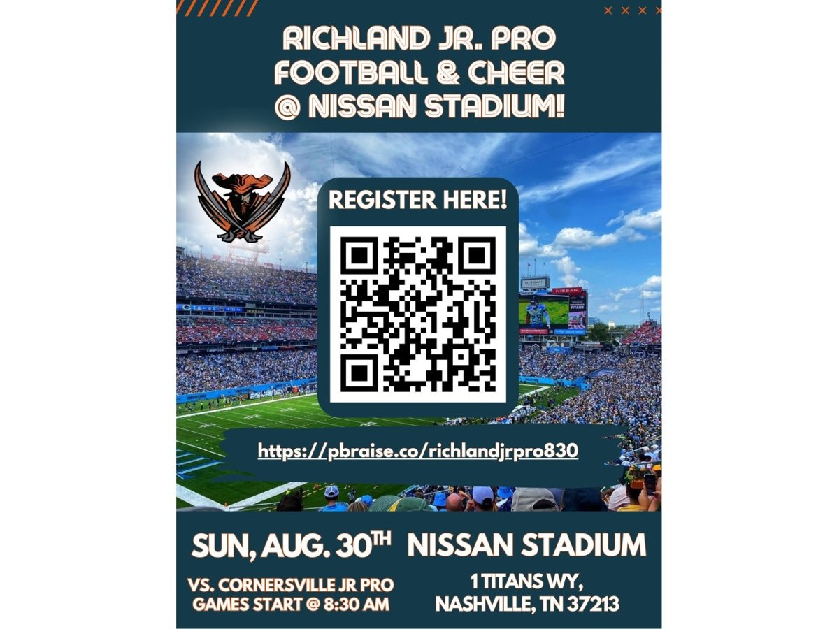 Spectator ticket flyer for Richland Jr. Pro at Nissan Stadium with the registration QR code